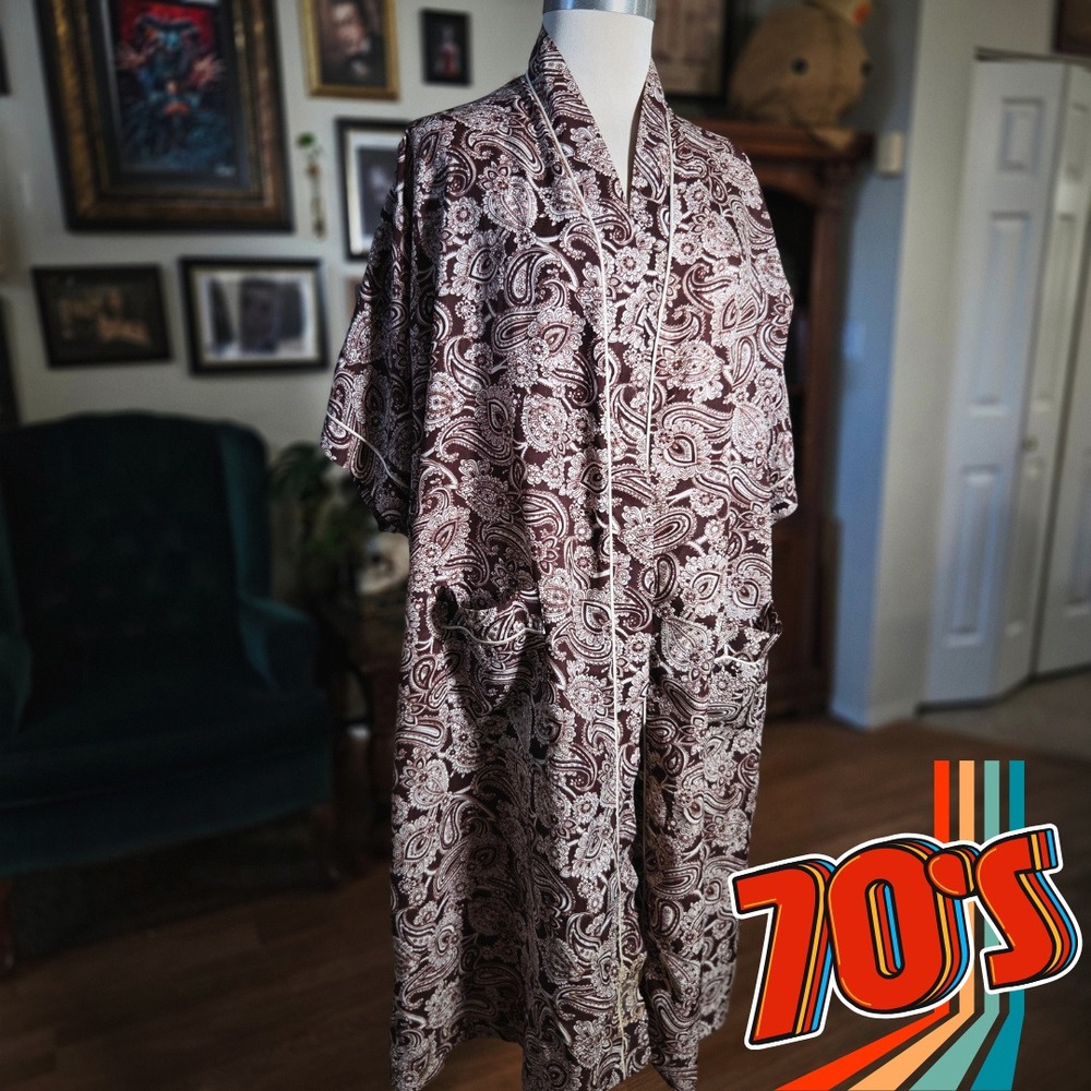 Saks Fifth Avenue Paisley Print Long Robe Kimono Brown‎ White Women's One Size
